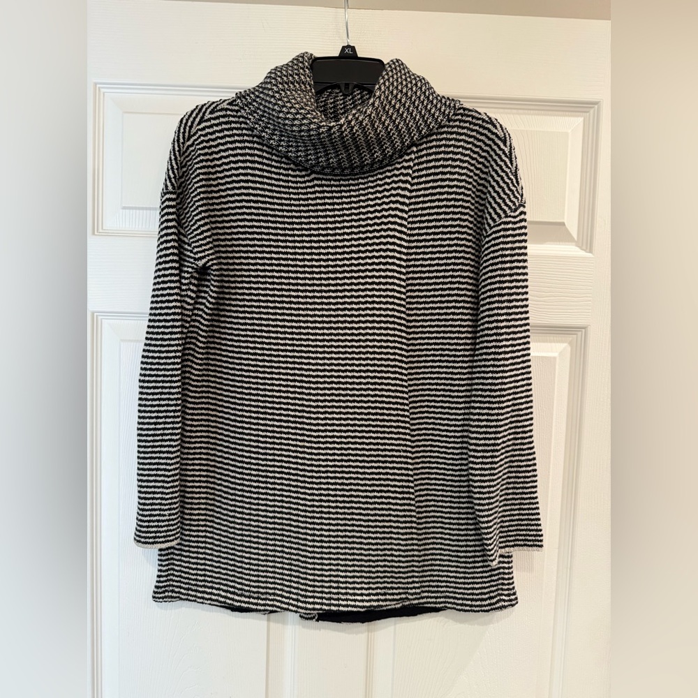 Cabi Small Fergie Sweater #3167 Black Striped Cowl Neck Split Front & Back